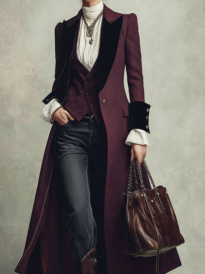 Vintage-style Slim-fit Midi Wool Coat With Velvet-paneled Lapels