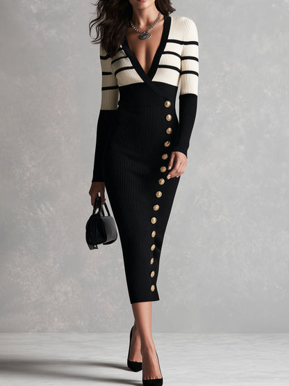 Quiet Luxury Contrast Colorblock Striped Knit Midi Dress With Button Side