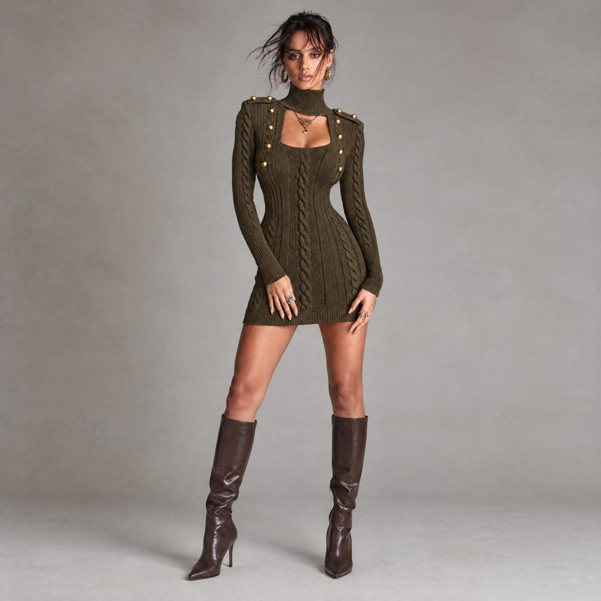 Military Style Cable Knit Cutout Bodycon Sweater Dress with Gold Buttons