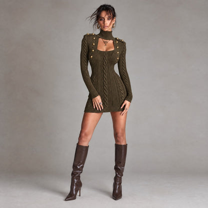 Military Style Cable Knit Cutout Bodycon Sweater Dress with Gold Buttons