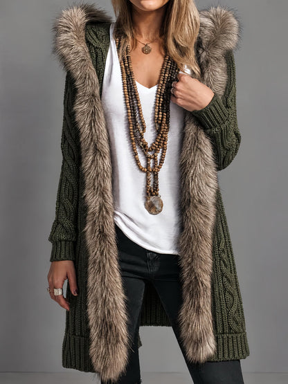 Army Green Cable Knit Long Hooded Cardigan With Ombre Faux Fur Trim