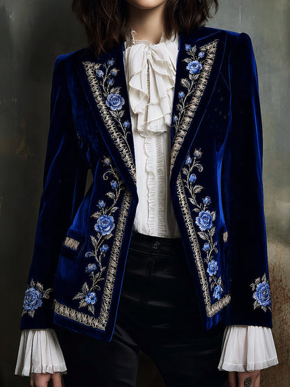 Vintage Boho Blue Rose & Silver Thread Embroidered Velvet Suit Jacket