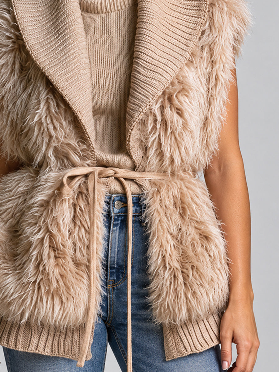 Desert Moon Faux-Fur Trim Waist-Tie Knit Vest