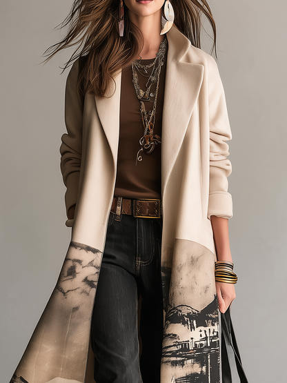 Artistic Cream Landscape Print Longline Coat
