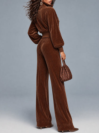 Boho Corduroy Military Style Zip Jacket & Wide Leg Pants Two-Piece Set