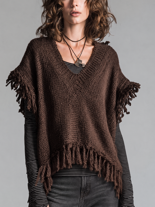Bohemian Chocolate Brown Fringe V-Neck Knit Vest