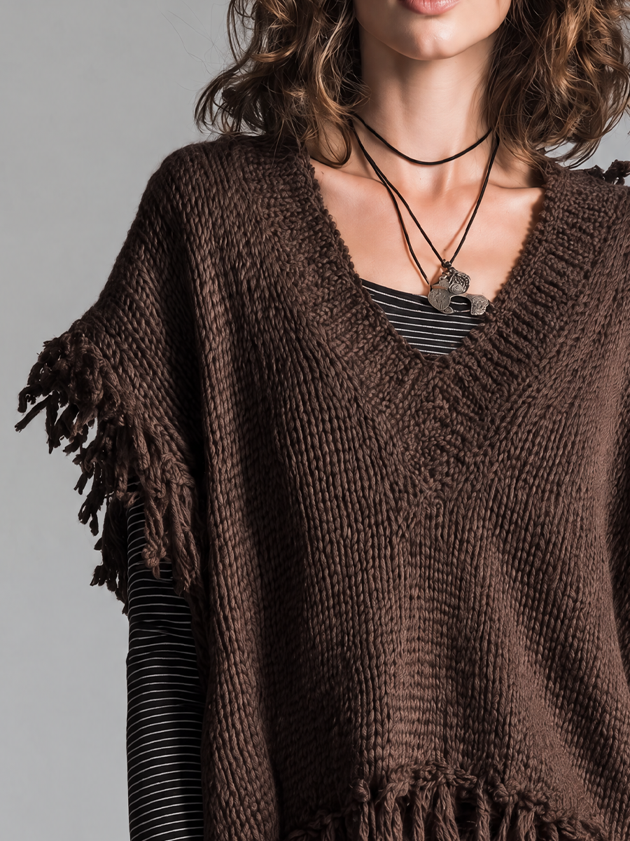 Bohemian Chocolate Brown Fringe V-Neck Knit Vest
