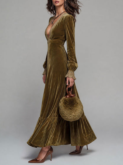 Boho Deep V-Neck Velvet Maxi Dress With Lace Trim