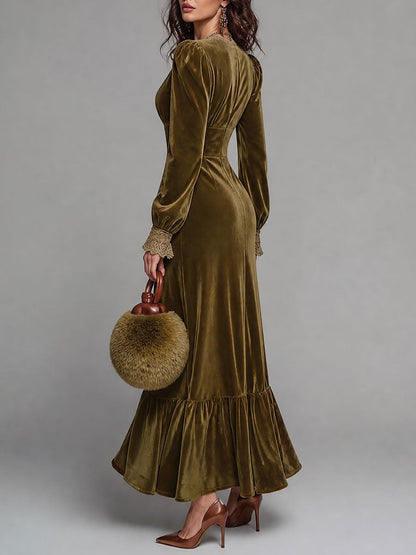 Boho Deep V-Neck Velvet Maxi Dress With Lace Trim