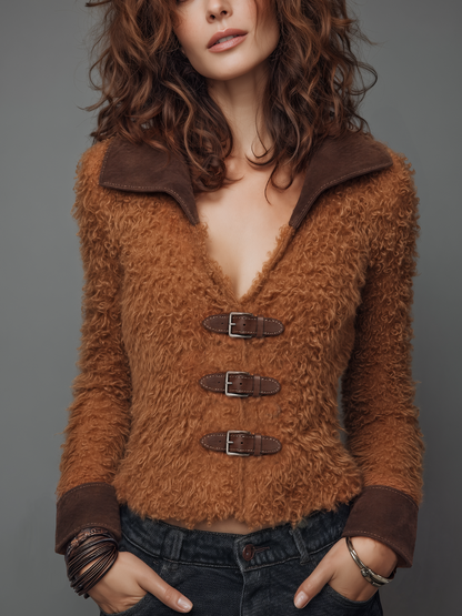 Vintage Camel Brown Buckle Faux Fur Jacket