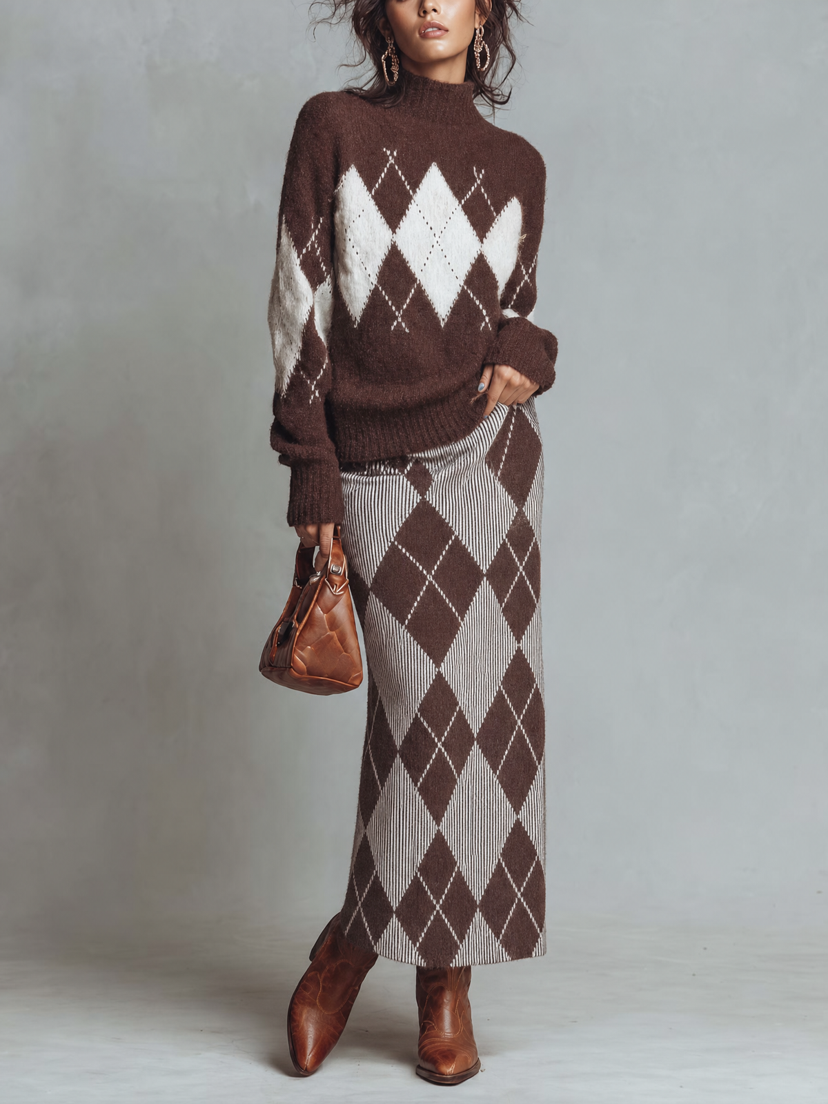 Argyle Pattern Mock Neck Sweater and Bodycon Midi Skirt Two-Piece Set