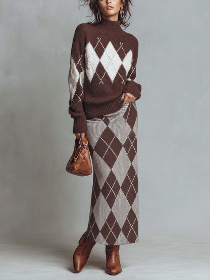 Argyle Pattern Mock Neck Sweater and Bodycon Midi Skirt Two-Piece Set