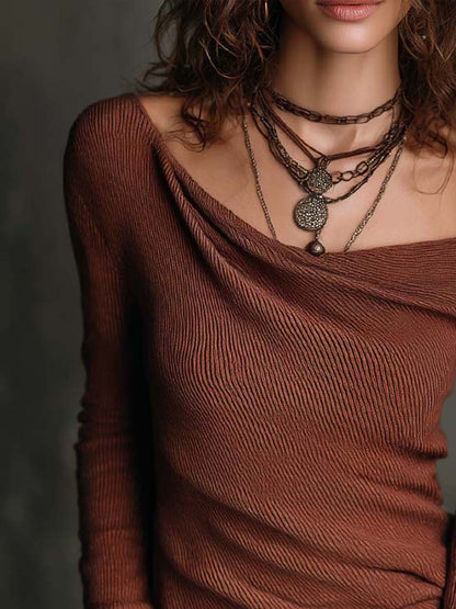 Vintage Ribbed Knit Off-the-shoulder Sweater