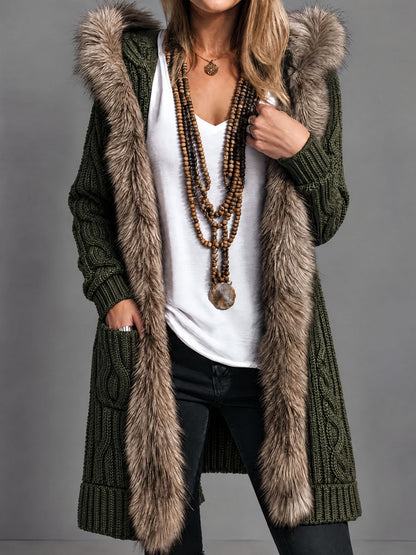 Army Green Cable Knit Long Hooded Cardigan With Ombre Faux Fur Trim
