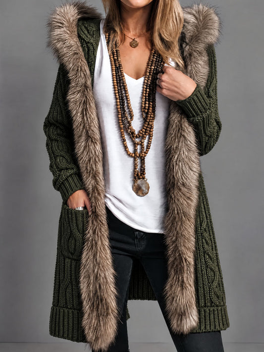 Army Green Cable Knit Long Hooded Cardigan With Ombre Faux Fur Trim