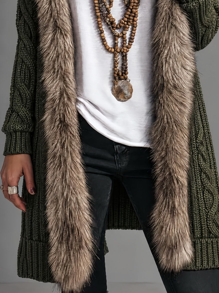 Army Green Cable Knit Long Hooded Cardigan With Ombre Faux Fur Trim
