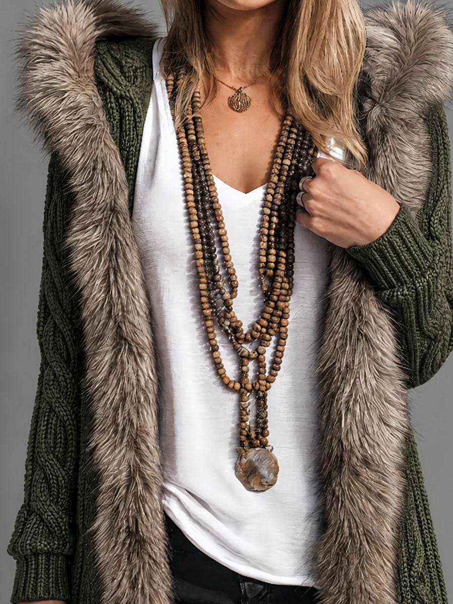 Army Green Cable Knit Long Hooded Cardigan With Ombre Faux Fur Trim