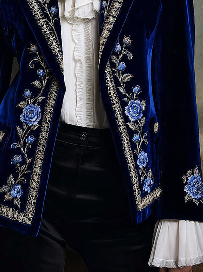 Vintage Boho Blue Rose & Silver Thread Embroidered Velvet Suit Jacket