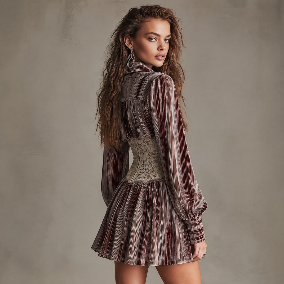 Elegant Striped Velvet Lace-Waist Mini Shirt Dress