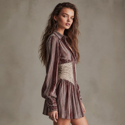 Elegant Striped Velvet Lace-Waist Mini Shirt Dress