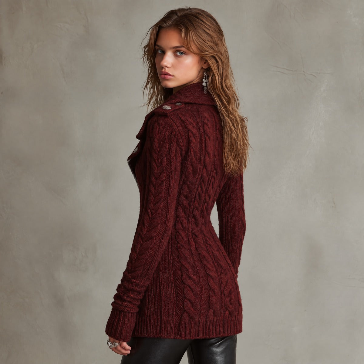 Cable-Knit Zip-Front Sweater Coat with Military-Style Buttons