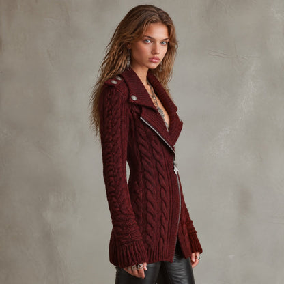 Cable-Knit Zip-Front Sweater Coat with Military-Style Buttons