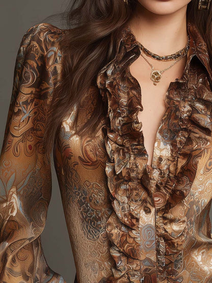 Vintage Paisley Print Satin Ruffled V-neck Blouse