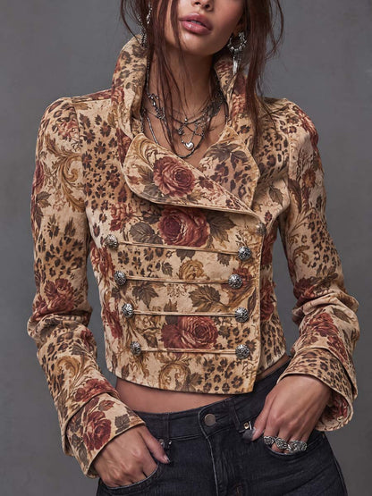 Vintage Floral Leopard Print Cropped Military Suede Jacket