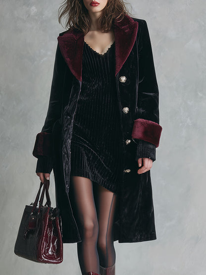 Quiet Luxury Vintage Button-accented Velvet Coat With A Plush Lapel
