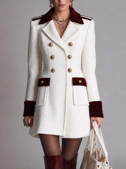 Elegant Double-Breasted Wool blend Coat with Velvet Trim Detail