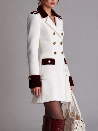 Elegant Double-Breasted Wool blend Coat with Velvet Trim Detail