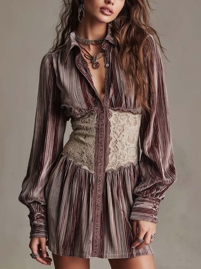 Elegant Striped Velvet Lace-Waist Mini Shirt Dress