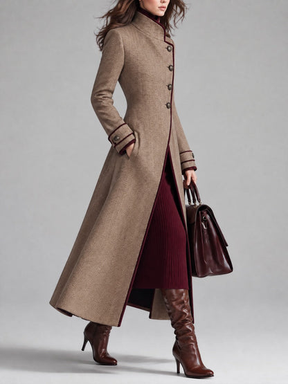 Women's Elegant Herringbone Wool Long Coat with Contrast Piping Stand Collar