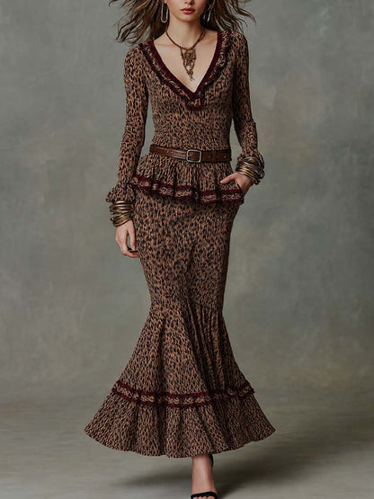 Retro Leopard-print Textured Two-piece Set