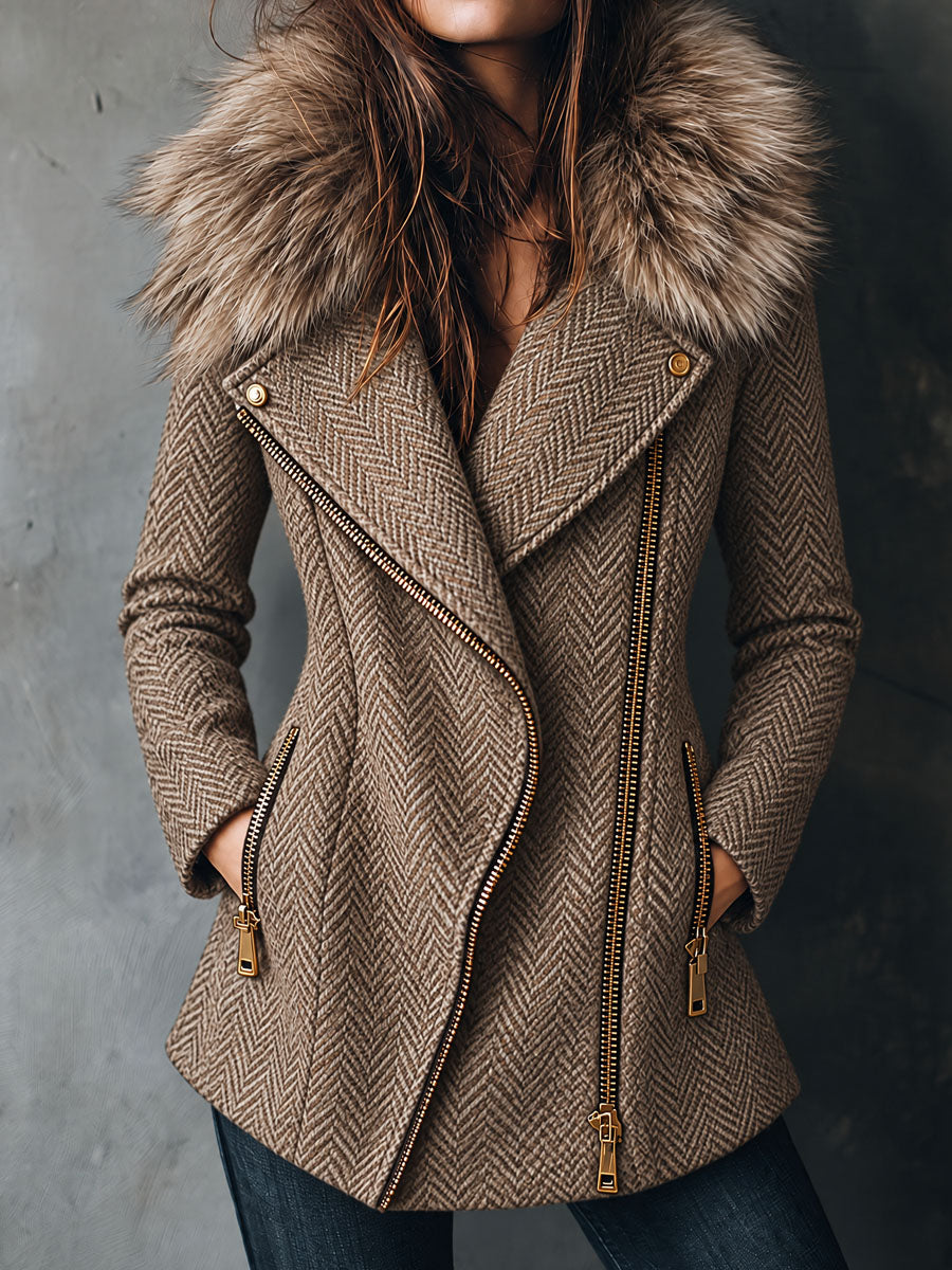 Retro Herringbone Tweed Oversized Faux Fur Collar Coat With Asym Zip