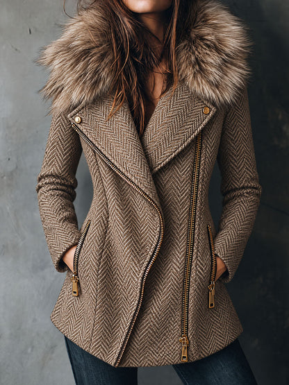 Retro Herringbone Tweed Oversized Faux Fur Collar Coat With Asym Zip