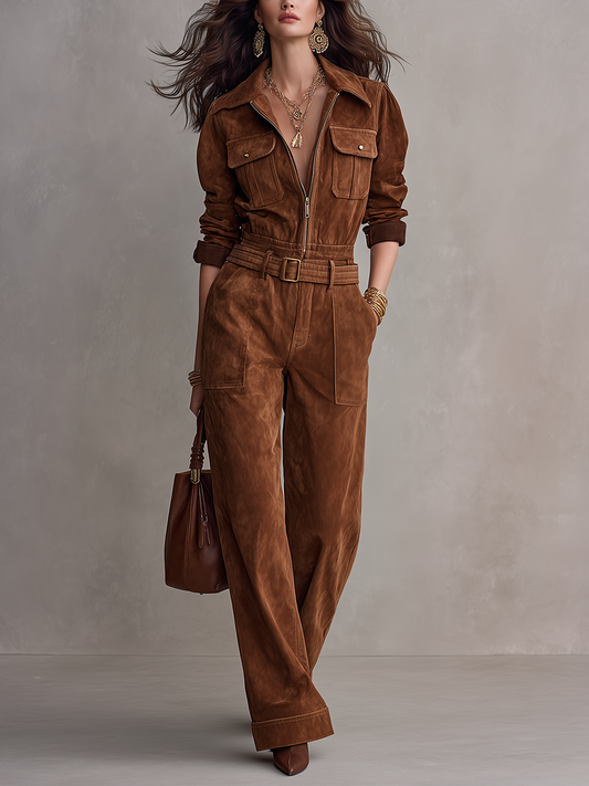 Utility Cognac Belted Suede Jumpsuit