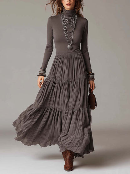 Soft High-neck Pleated Skirt Maxi Dress
