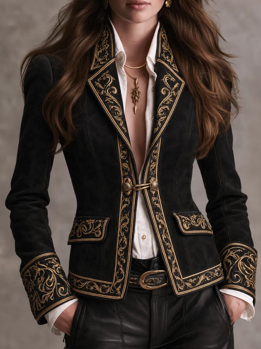 Retro Baroque Black Suede Blazer Gold Scroll Embroidery Trim