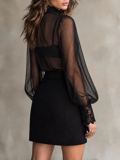 Boho Sheer Chiffon Lace Cuff Trim Blouse With Detachable Bow