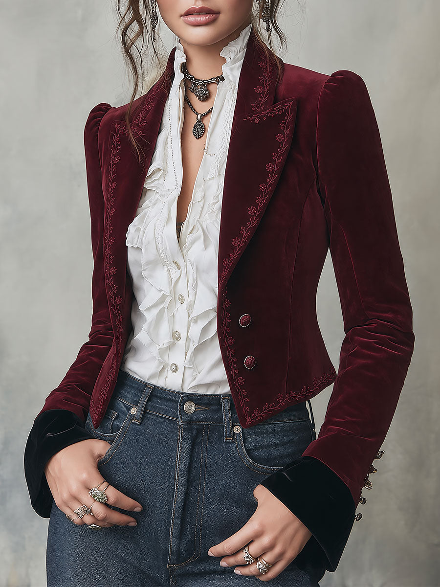 Quiet Luxury Velvet Embroidered Fitted Blazer With Peak Lapel