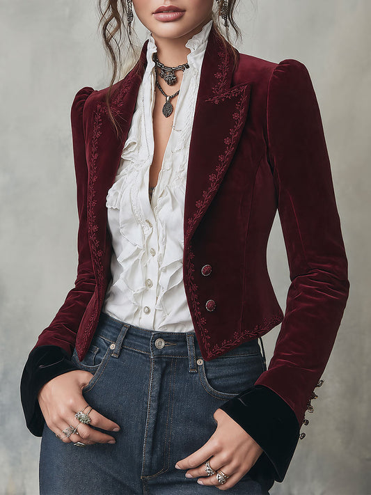 Quiet Luxury Velvet Embroidered Fitted Blazer With Peak Lapel