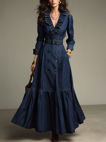Romantic Indigo Ruffle Belted Denim Maxi Dress