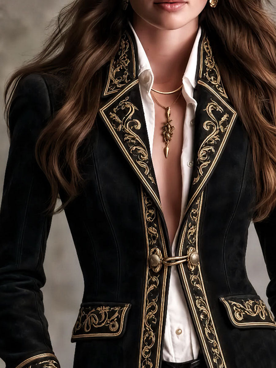 Retro Baroque Black Suede Blazer Gold Scroll Embroidery Trim