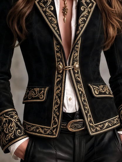 Retro Baroque Black Suede Blazer Gold Scroll Embroidery Trim