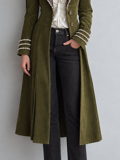 Vintage Bohemian Faux-Suede Pearl-Trimmed Long Coat