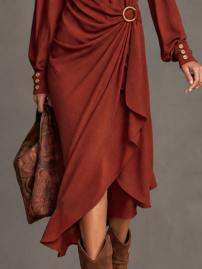 Rust Bohemian Draped Buckle-Waist Dress