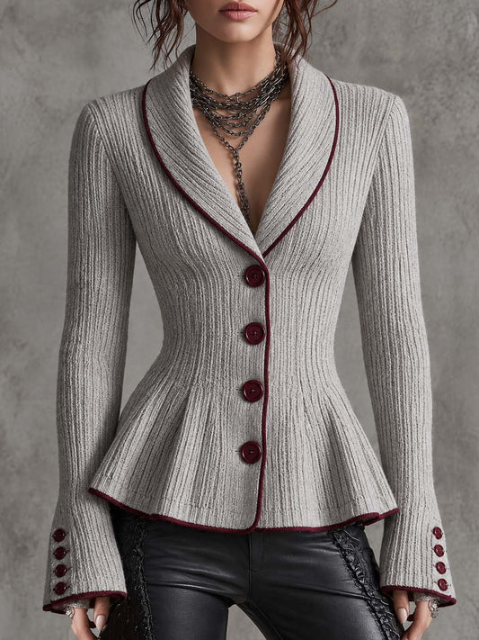Ribbed Knit Jacket With Contrast Trim And Peplum Hem