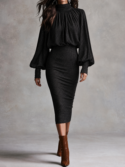 Black Mock Neck Bishop Sleeve Glitter Knit Bishop Sleeve Midi Dress
