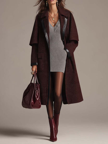 Elegant Wool Blend Trench Coat With Faux Leather Trim